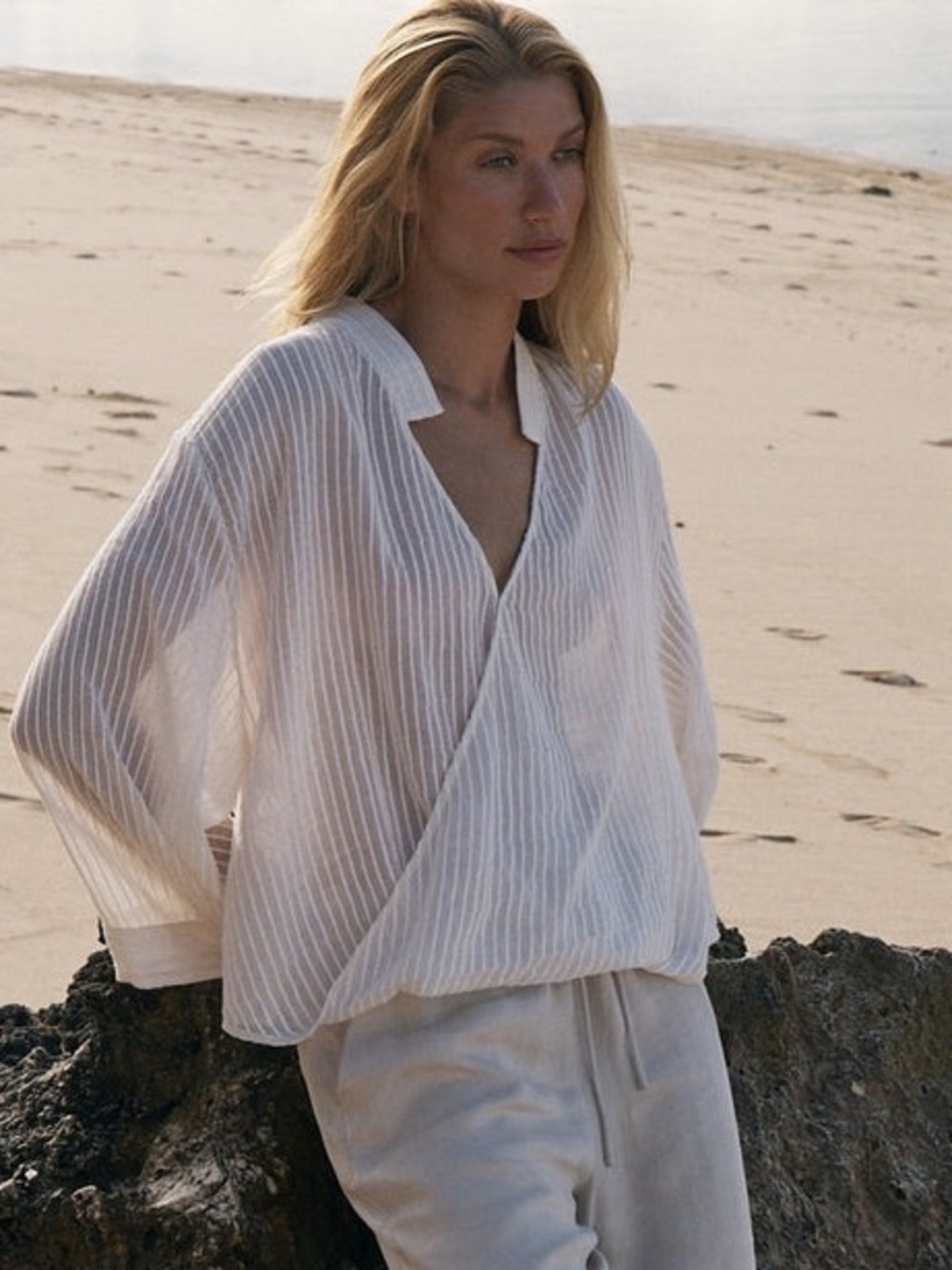 The Handloom Sade Turkish Cotton Top in Soft White Stripe - One Size